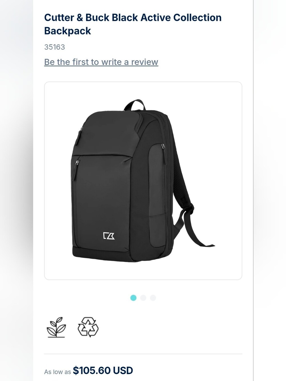 Cutter & Buck Black Active Collection Backpack